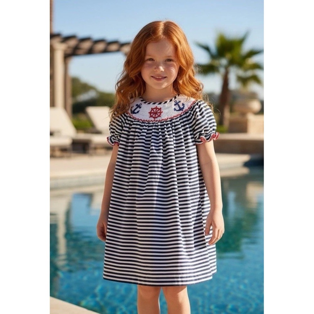 Babccni Girls Smocked Nautical Boat Bishop Dress Size 3T Red White Blue Easter 3